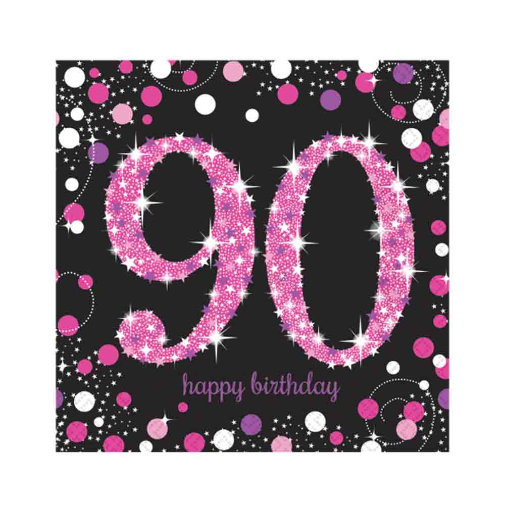 16 x Pink Celebration Age 90 Napkins Pink & Black 90th Birthday Napkins